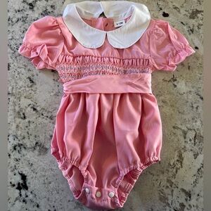Smocked baby girl bubble with bow sash